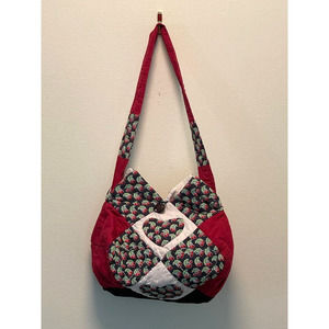Vintage Handmade Quilted Small Shoulder Bag Cherry Print Heart Patchwork Cottage
